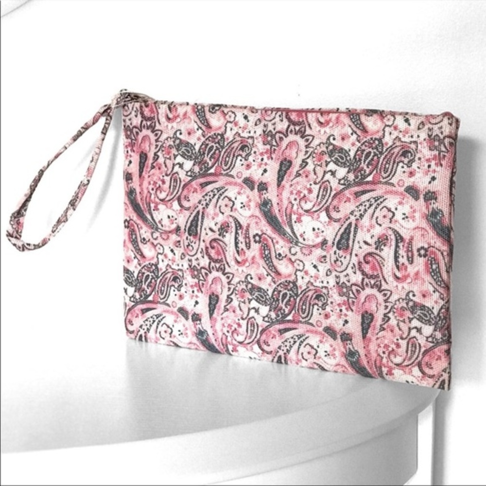Pink Grey White Paisley Print Clutch Wristlet Light Pouch - Picture 4 of 4
